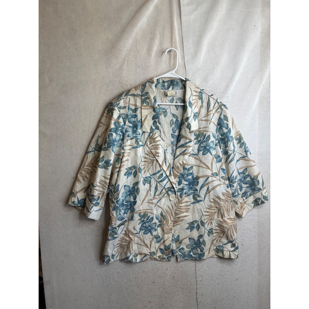 Joanna Plus Vintage Tropical Floral Blazer Blue Tan Palm Print 2X Made in USA